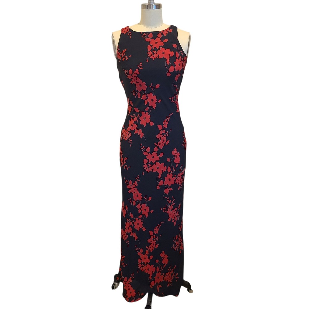 Jonathan Martin Womens Red Floral Black Maxi Dress Sleeveless Vamp Goth 90s XS